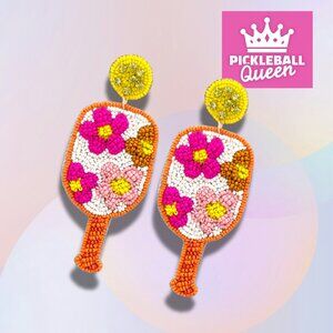 Pickleball Queen Floral Paddle Beaded Rhinestone Earrings